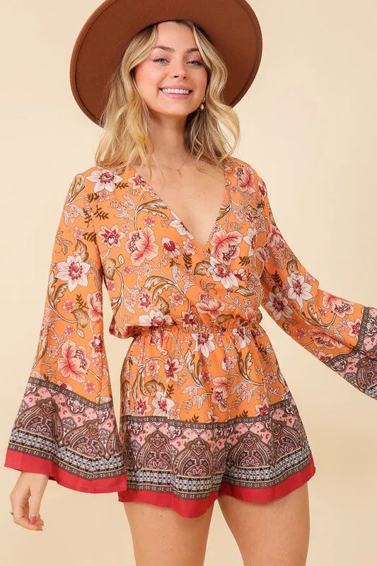 All The Right Notes Floral Print Long Sleeve Romper - Orange