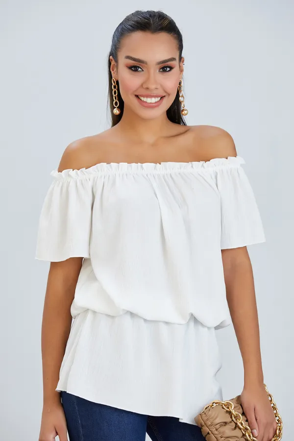 Breezy Off-Shoulder Bardot Top in Ecru