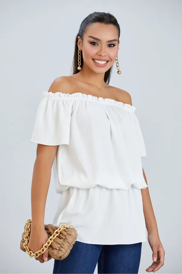 Breezy Off-Shoulder Bardot Top in Ecru