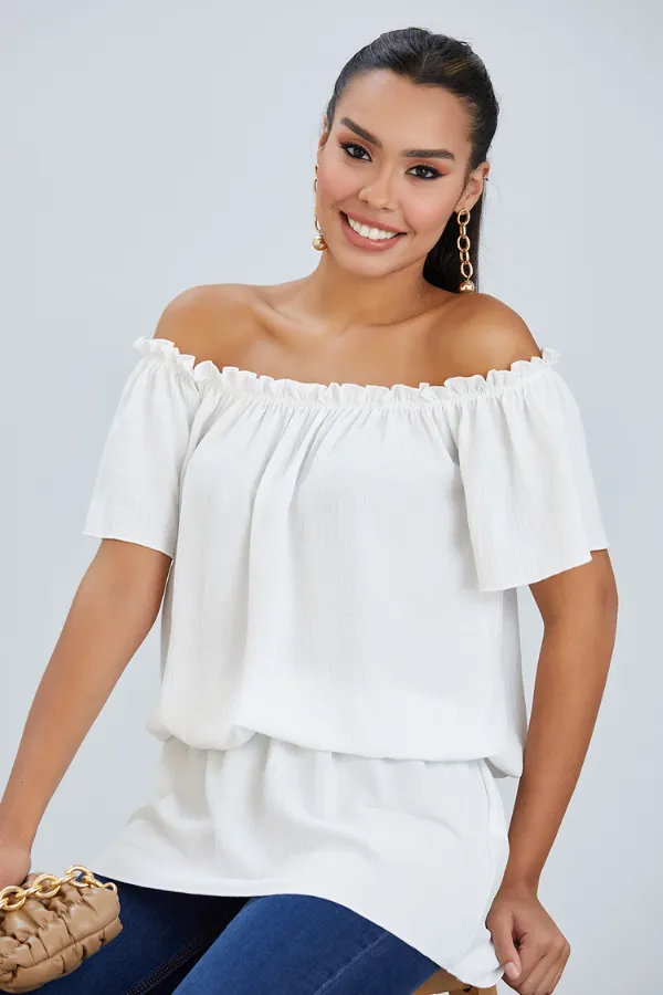 Breezy Off-Shoulder Bardot Top in Ecru