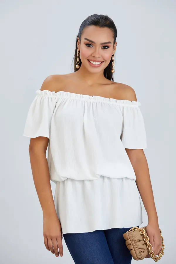 Breezy Off-Shoulder Bardot Top in Ecru