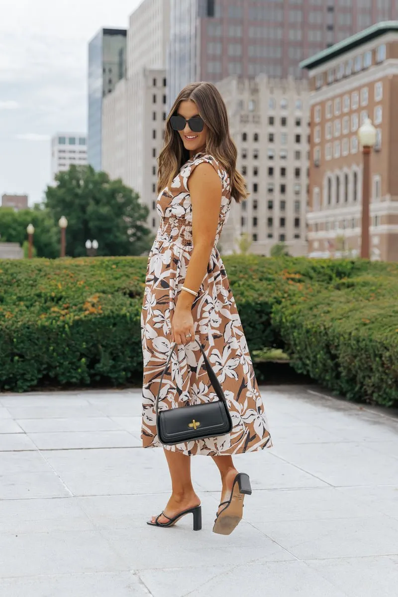 Brown Floral Zip Up Midi Dress - FINAL SALE