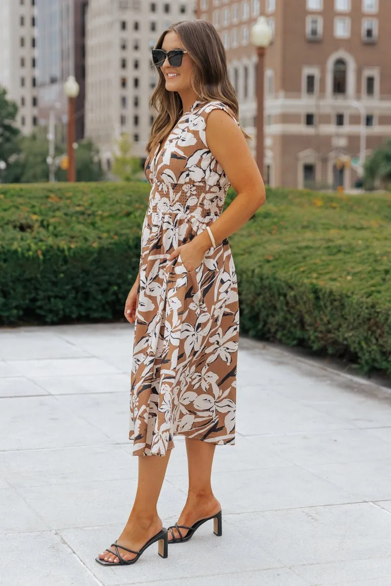 Brown Floral Zip Up Midi Dress - FINAL SALE