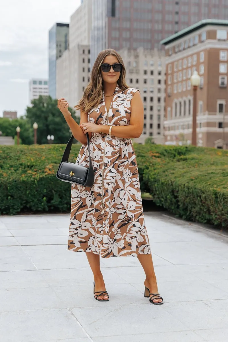 Brown Floral Zip Up Midi Dress - FINAL SALE