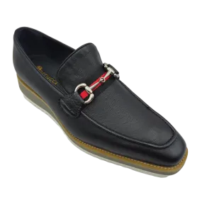 Carrucci Loafer Black Leather Men's Slip On Silver Buckle Red and Green Trim