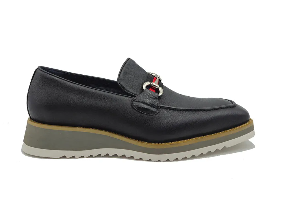 Carrucci Loafer Black Leather Men's Slip On Silver Buckle Red and Green Trim