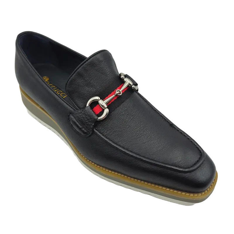 Carrucci Loafer Black Leather Men's Slip On Silver Buckle Red and Green Trim