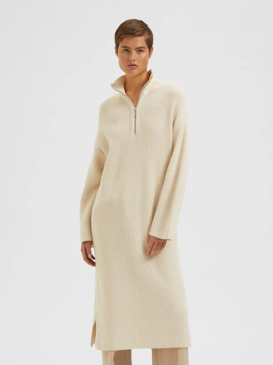 Ela Zipper Ls Knit High Neck Dress - Birch