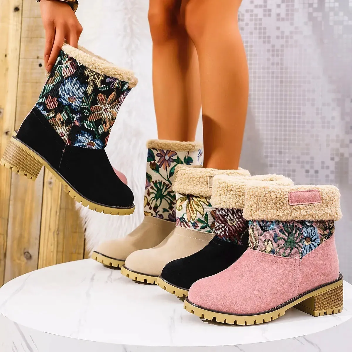 Flowers Embroidered Snow Boots Ethnic Style Platform Thick Square Heel Mid-tube Boot Winter Warm Cotton Shoes For Women