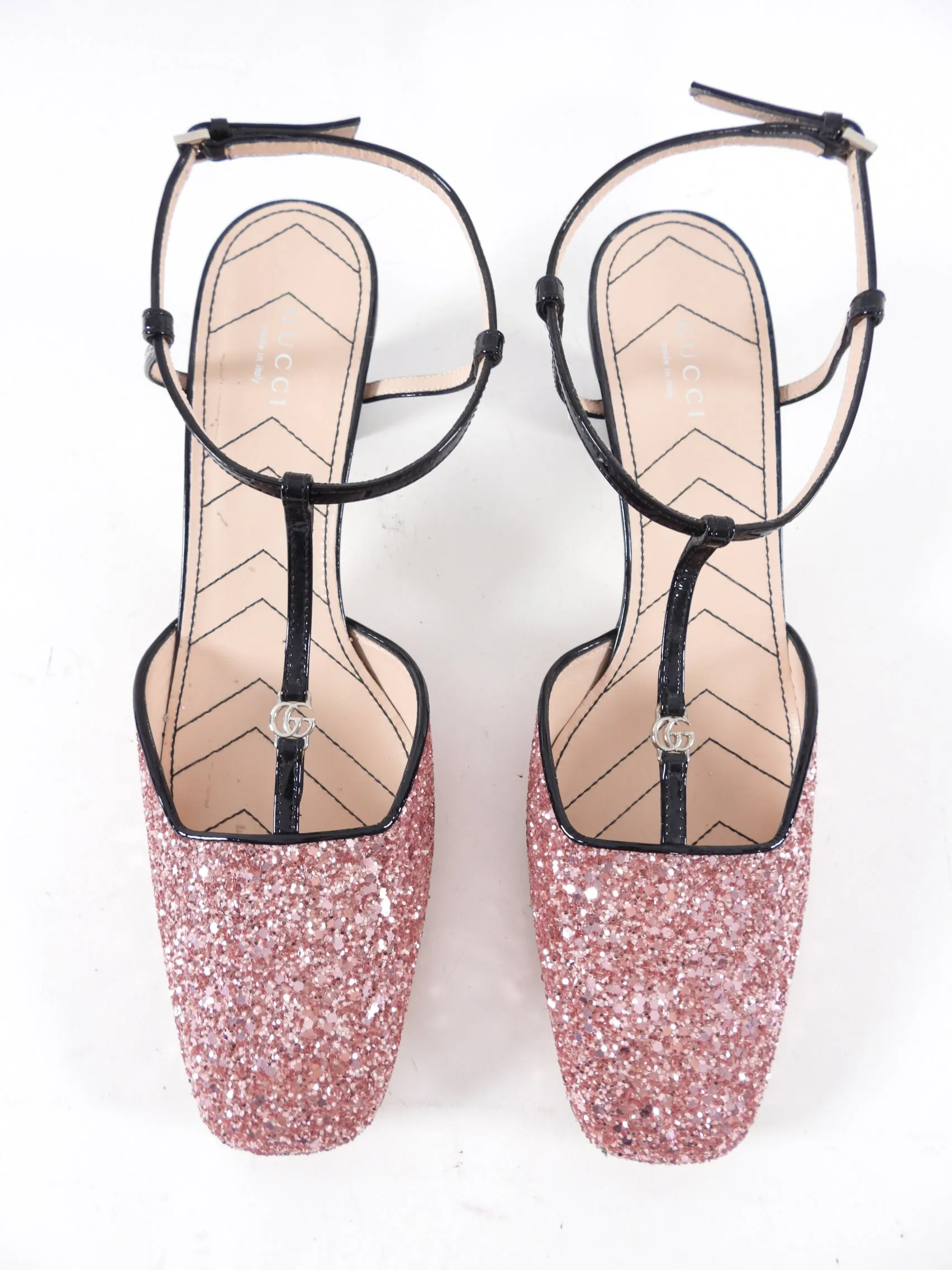 Gucci Pink Coarse Glitter GG Logo T-Strap Heels - 40