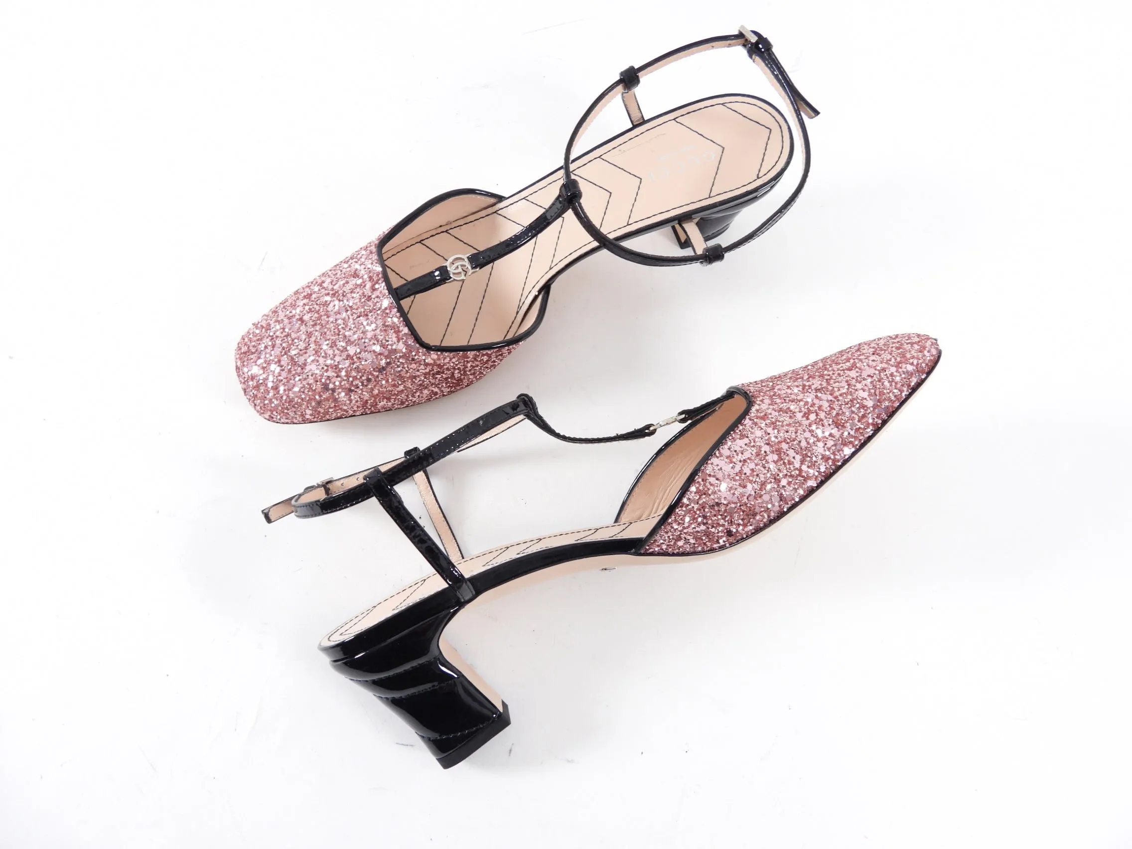 Gucci Pink Coarse Glitter GG Logo T-Strap Heels - 40