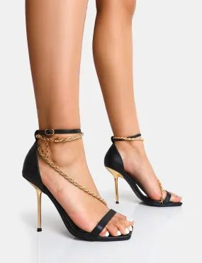 Loyal Black PU Chain Detail Square Toe Gold Stiletto Heels