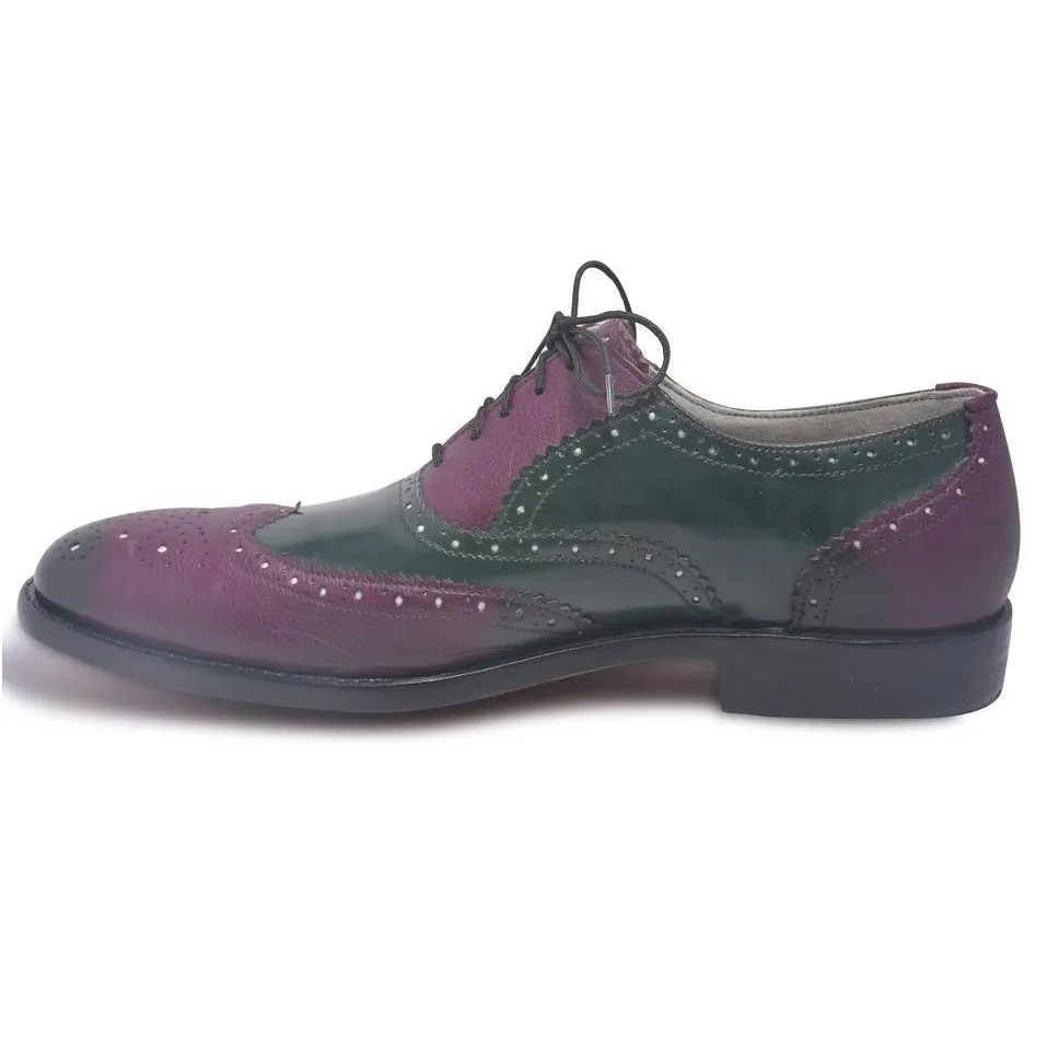 Men Oxford Two Tone Brogue Wingtip Purple Black Leather Shoe