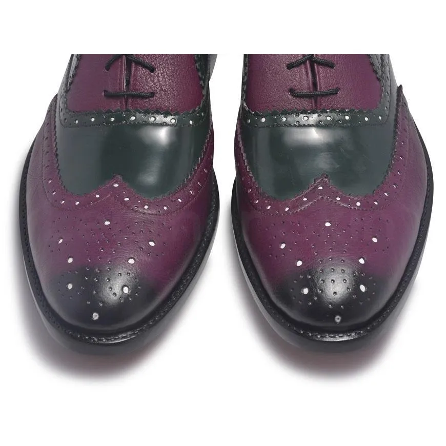 Men Oxford Two Tone Brogue Wingtip Purple Black Leather Shoe