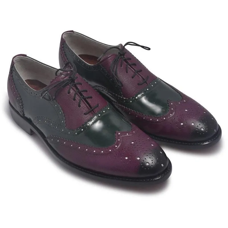 Men Oxford Two Tone Brogue Wingtip Purple Black Leather Shoe