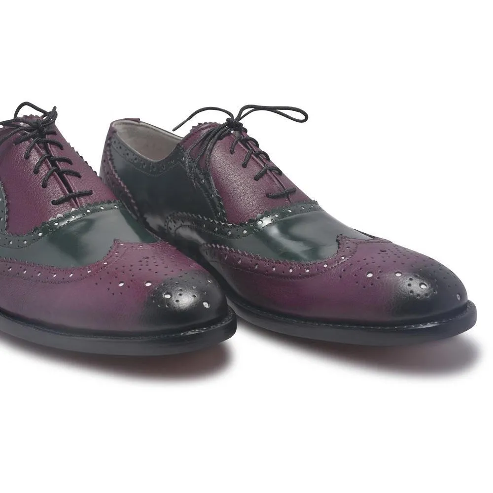 Men Oxford Two Tone Brogue Wingtip Purple Black Leather Shoe