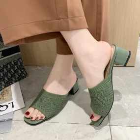 Nude Strappy Block Heels Mid Heel Slippers