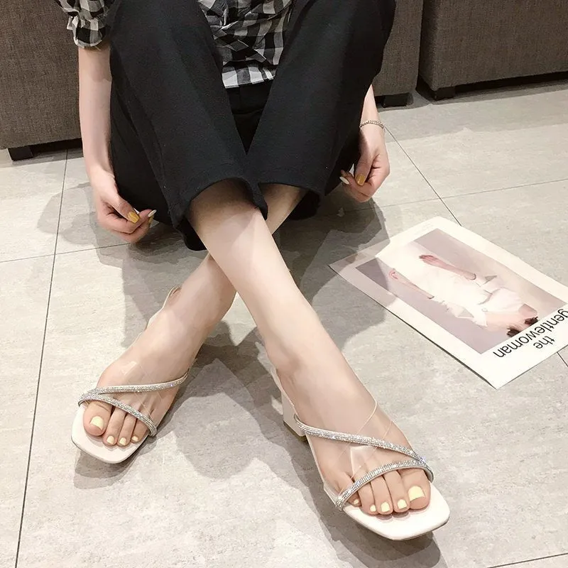 Nude Strappy Block Heels Summer Chunky Heel Slippers