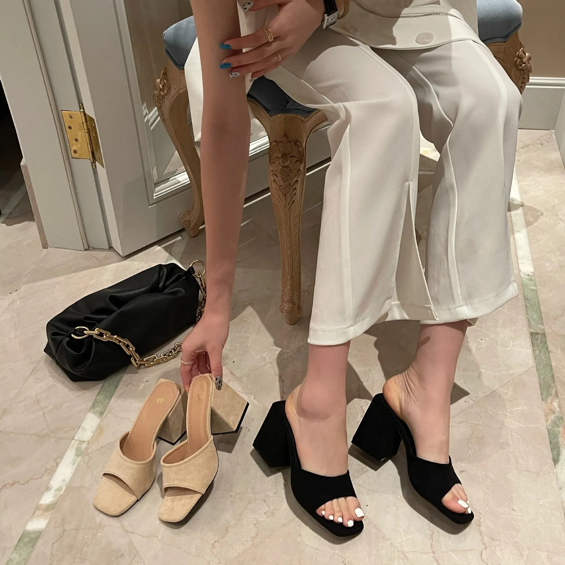 Nude Strappy Block Heels Summer Thick High Heel Simple Sandals