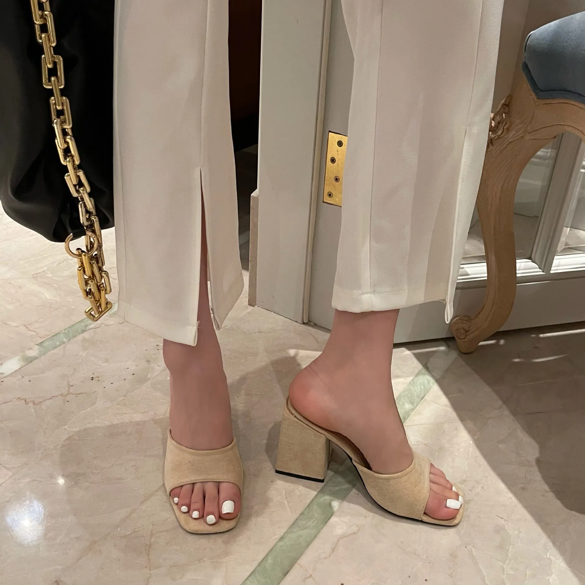 Nude Strappy Block Heels Summer Thick High Heel Simple Sandals