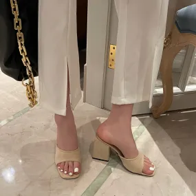 Nude Strappy Block Heels Summer Thick High Heel Simple Sandals