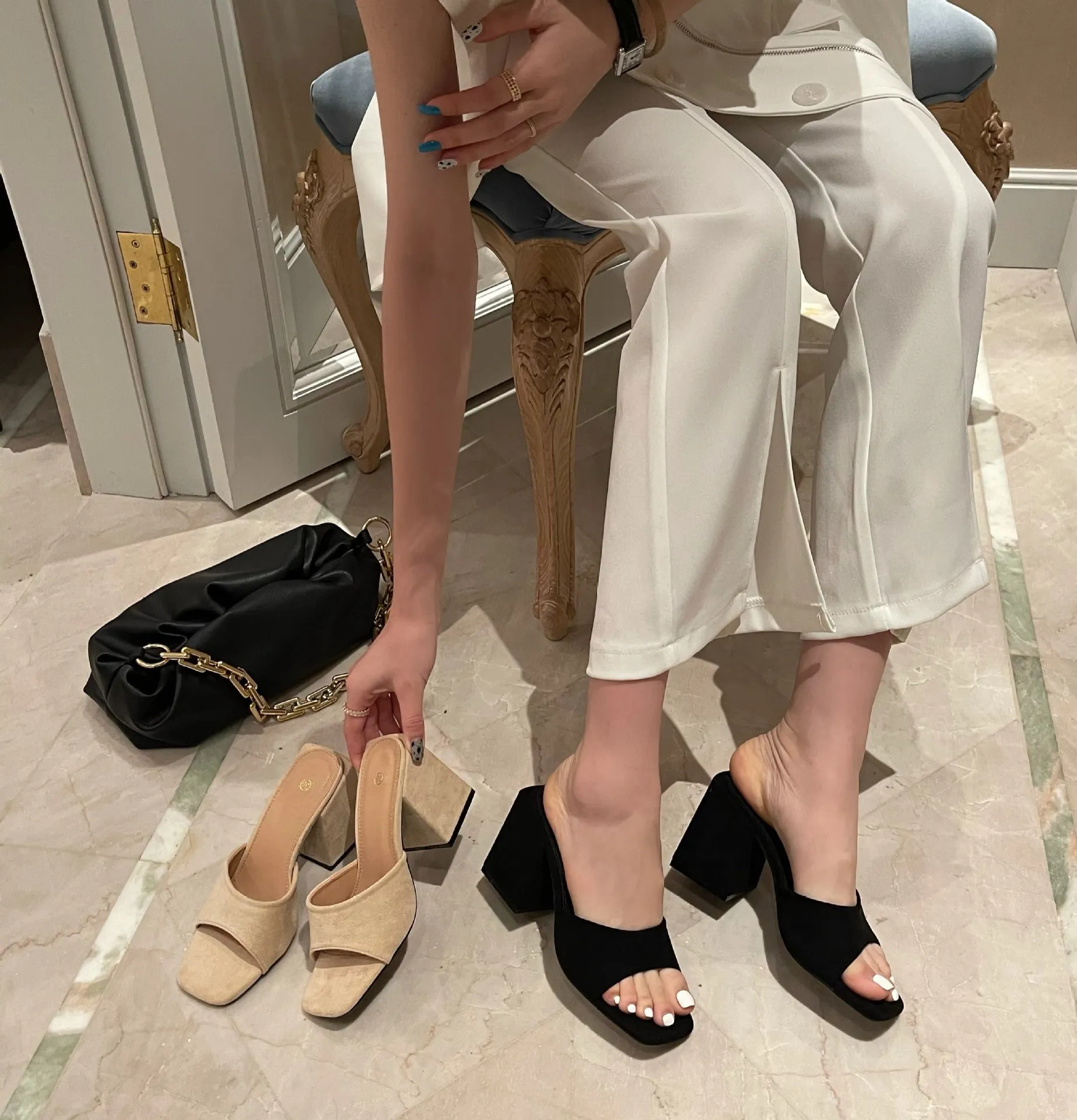 Nude Strappy Block Heels Summer Thick High Heel Simple Sandals