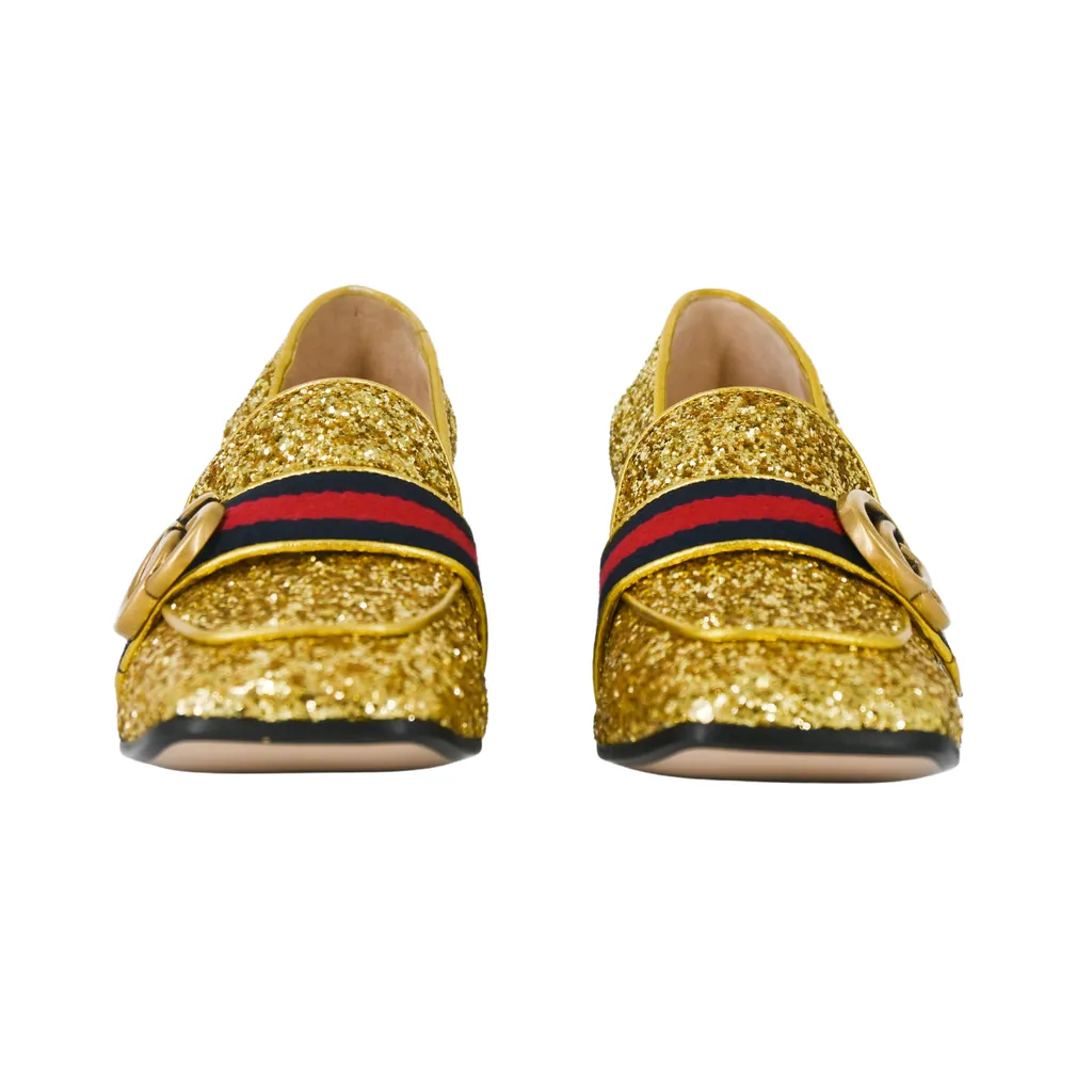 Peyton Gold Glitter GG Marmont Loafer Heels