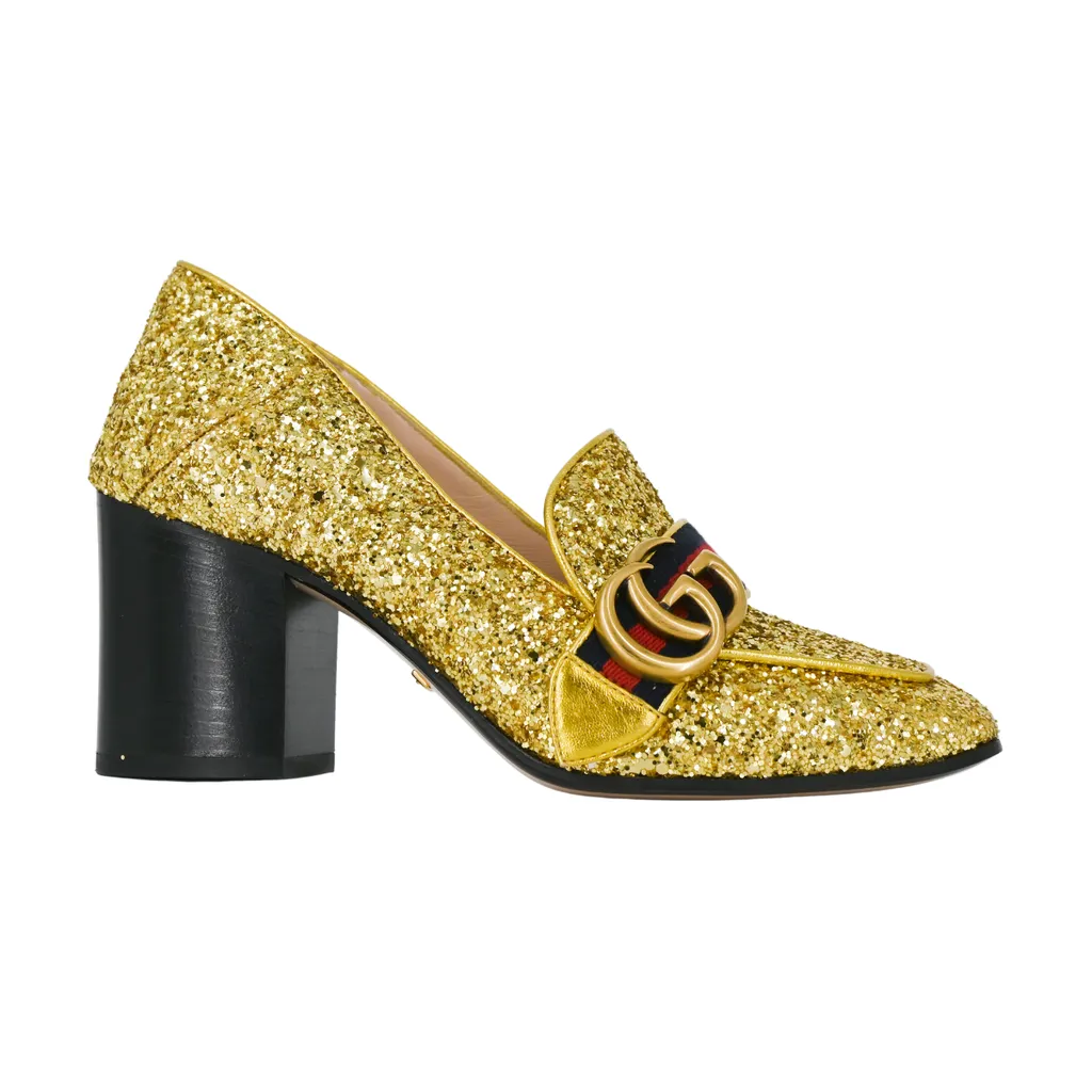 Peyton Gold Glitter GG Marmont Loafer Heels