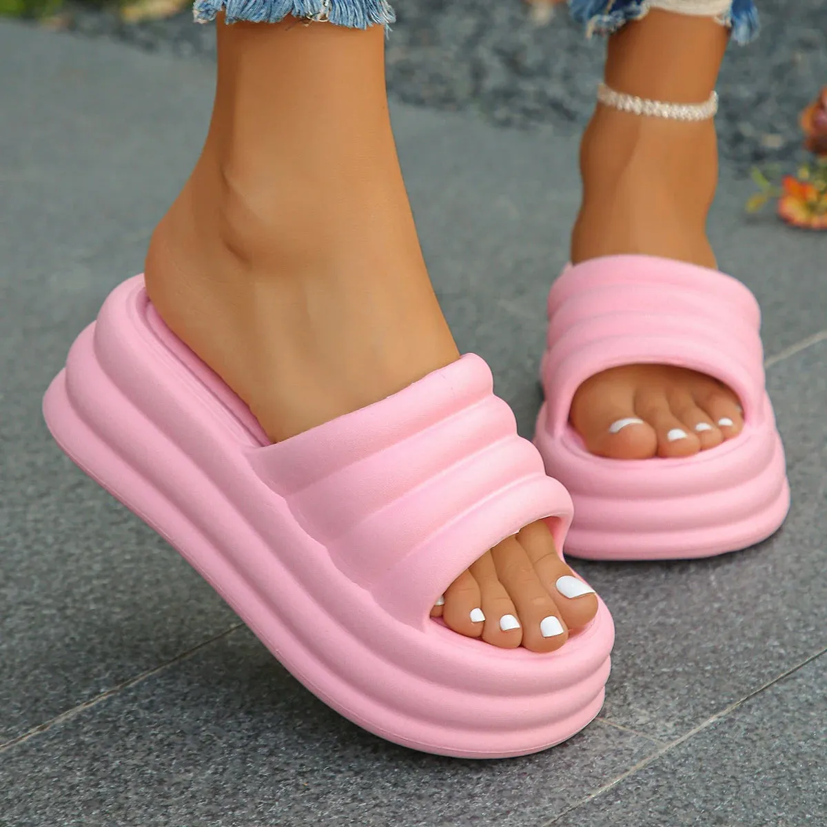 Pink Chunky Platform Sandals for Women Summer Wedge Slippers