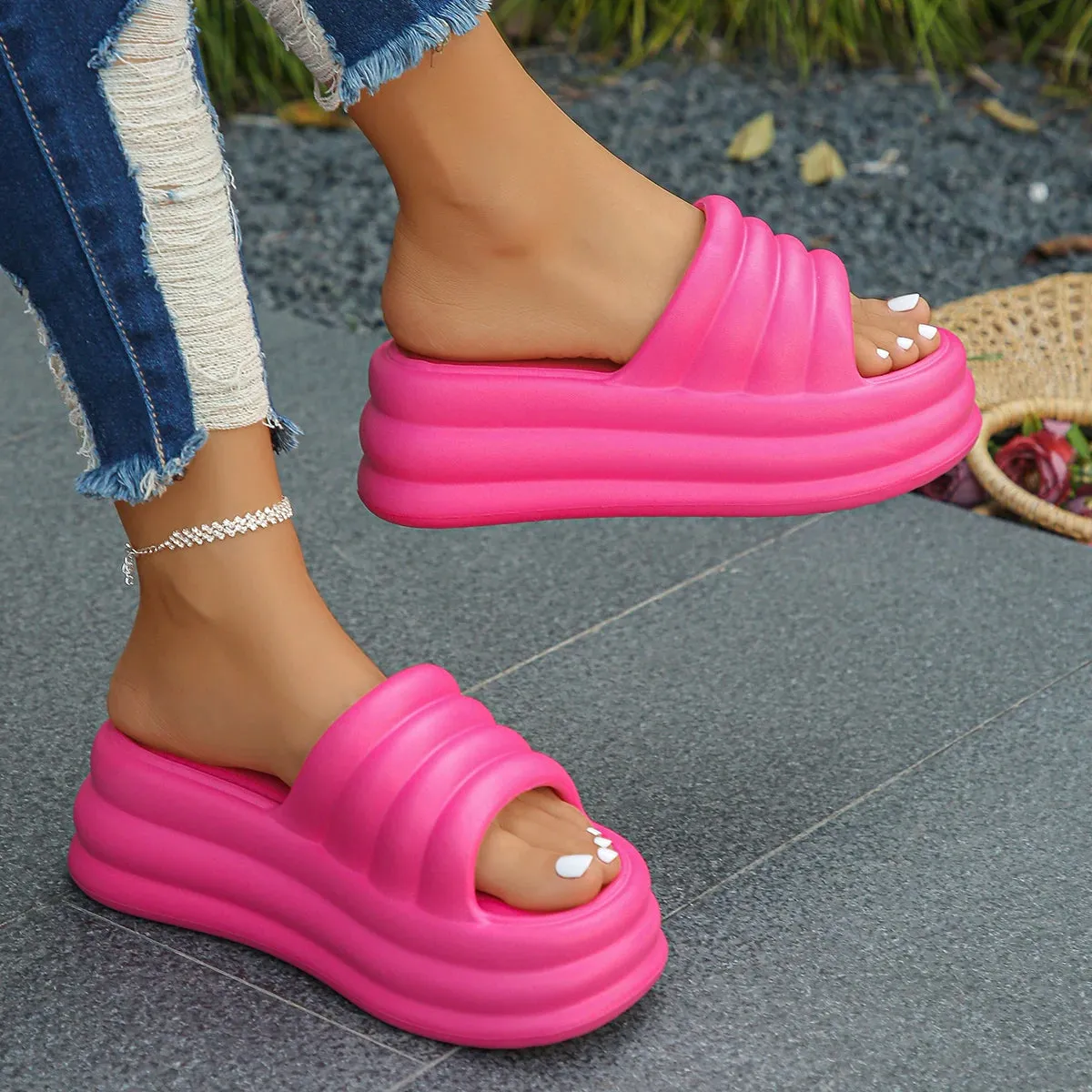 Pink Chunky Platform Sandals for Women Summer Wedge Slippers