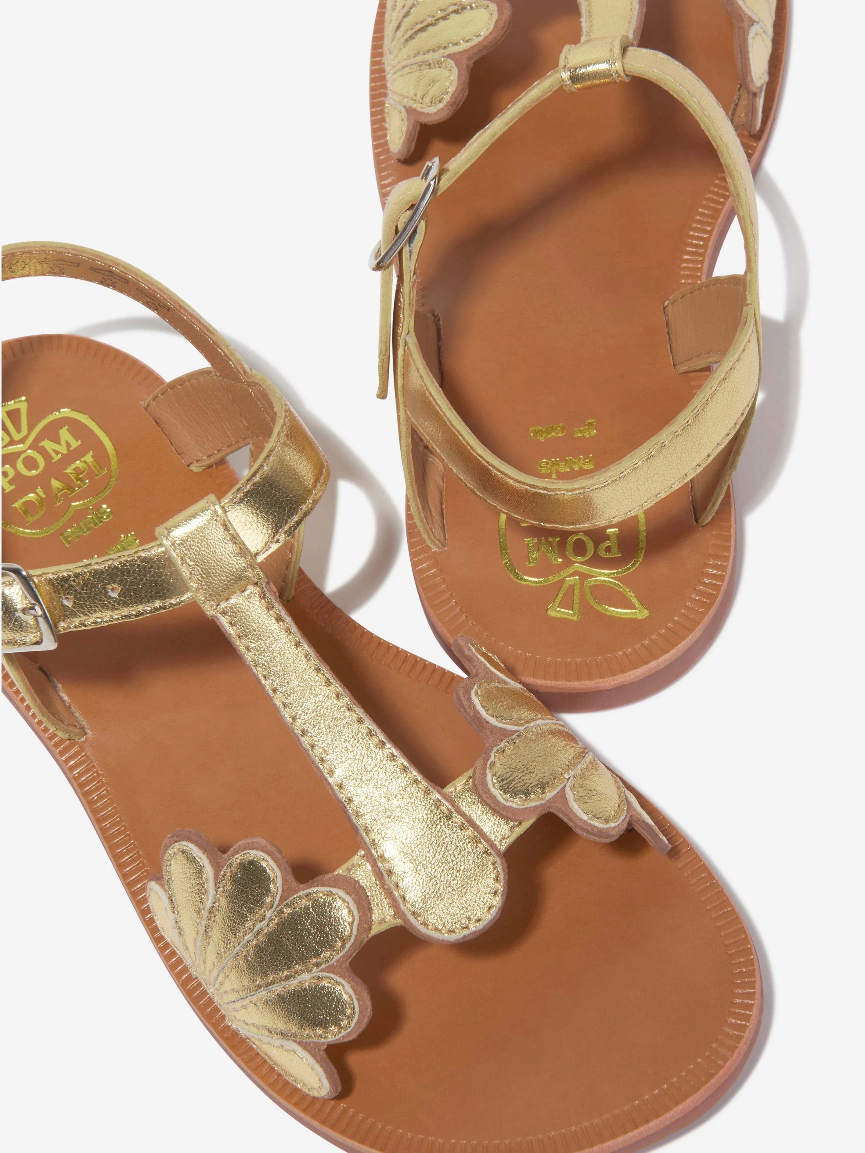 Pom D'Api Girls Leather Plagette Bloom Sandals in Gold