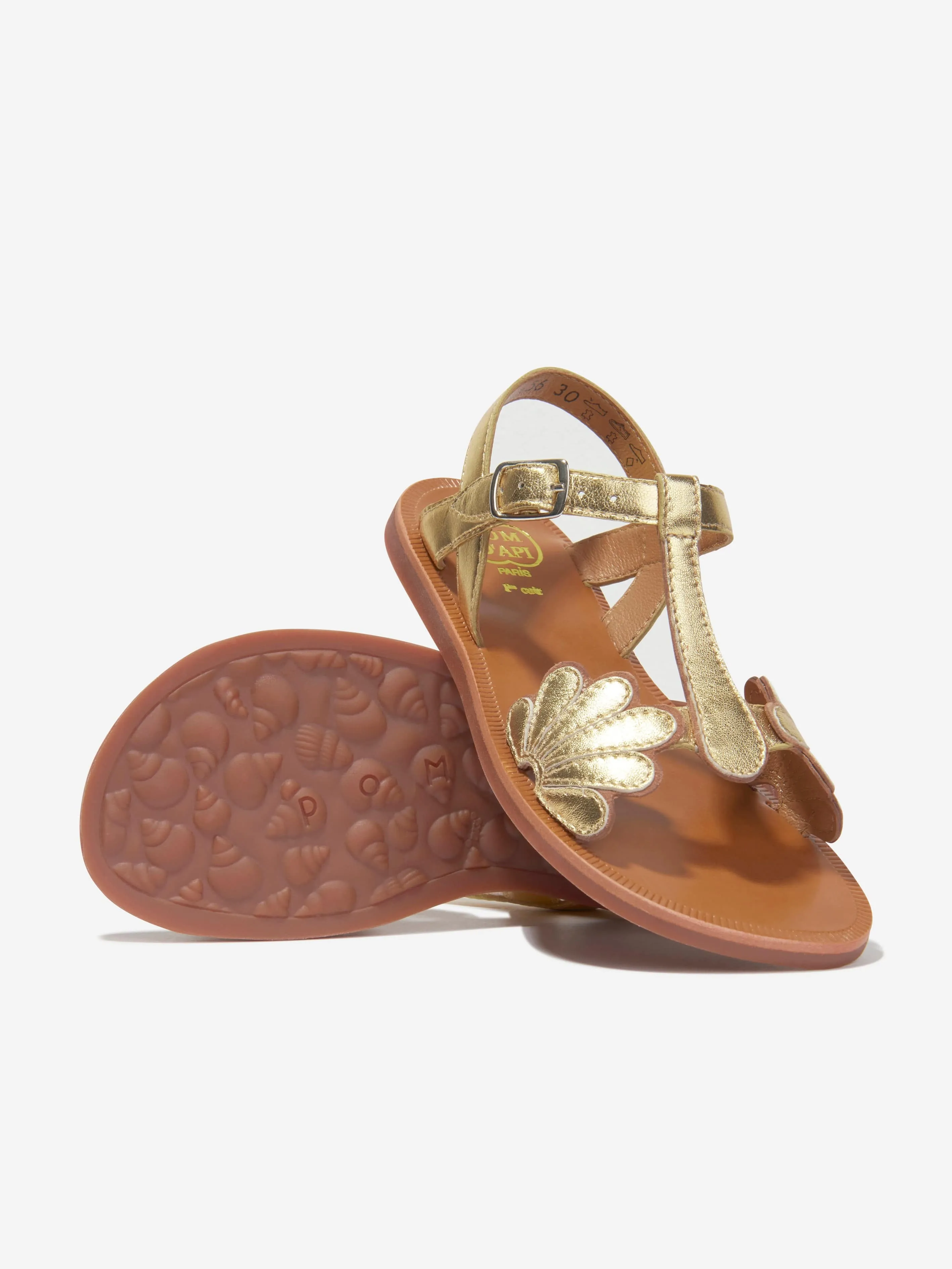 Pom D'Api Girls Leather Plagette Bloom Sandals in Gold