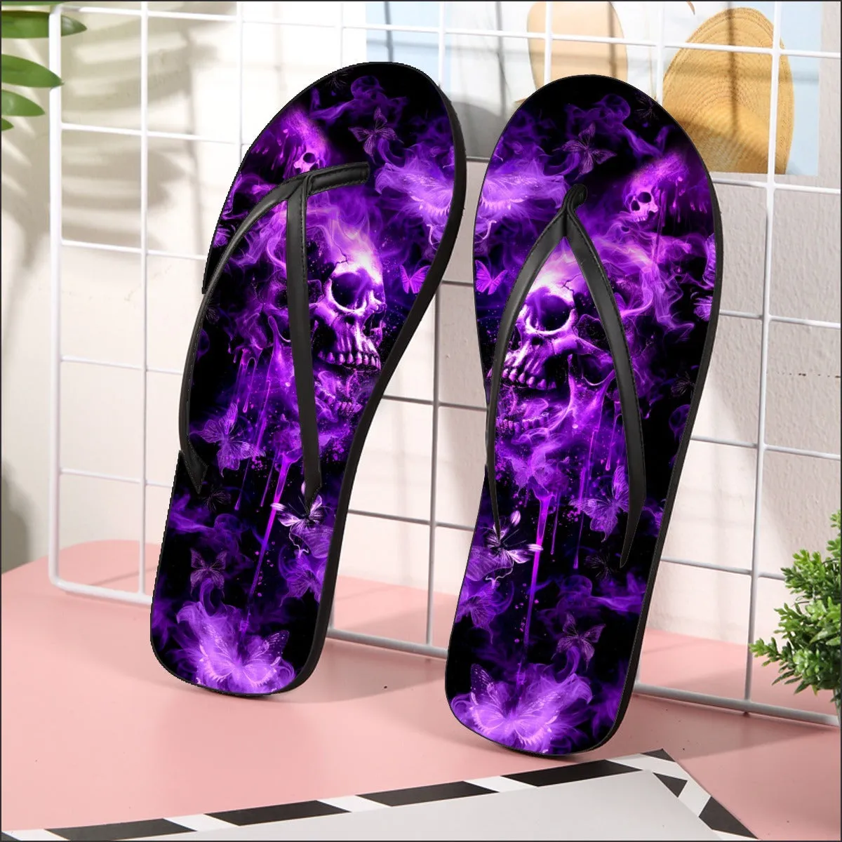 Purple Skull Smoke Flip Flops for Women Beach