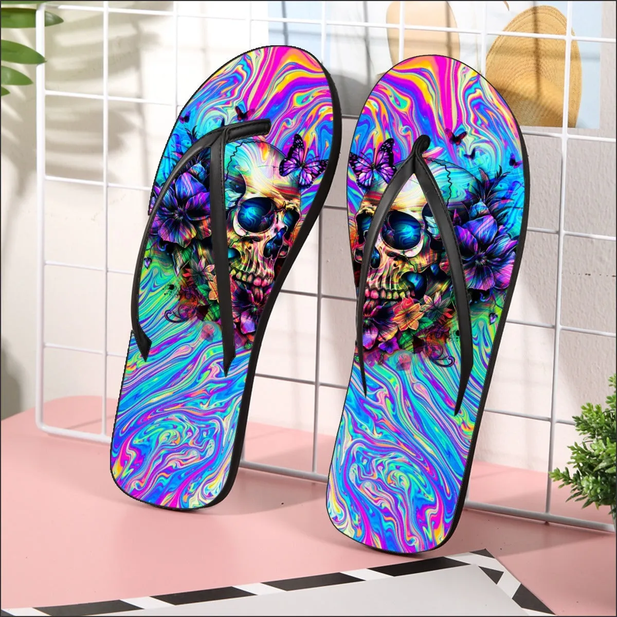 Rainbow Skull Abstract Flip Flops for Women Beach