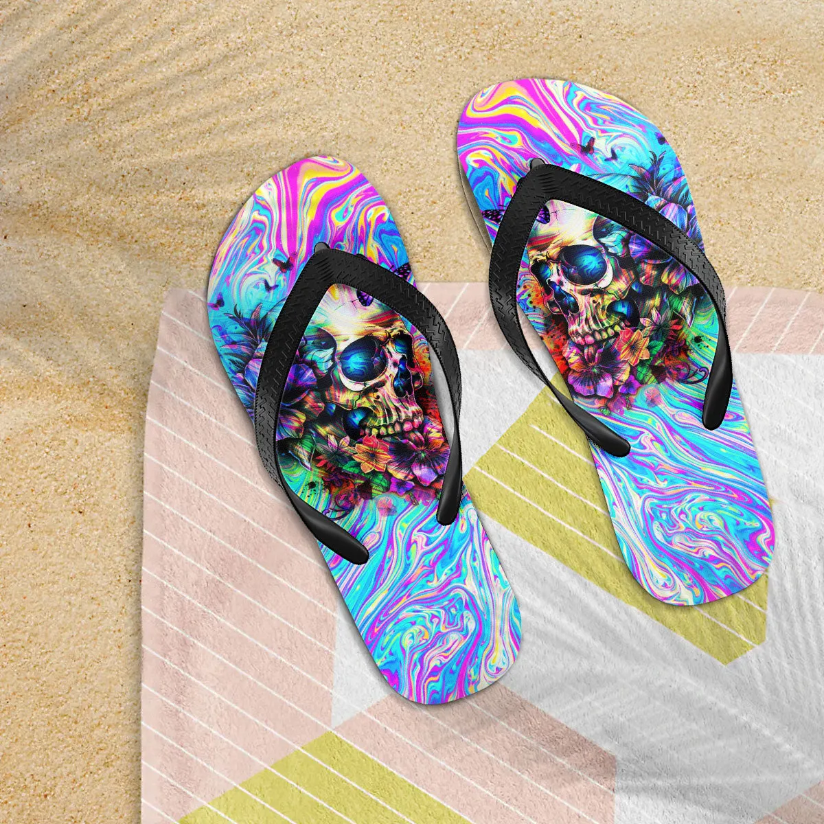 Rainbow Skull Abstract Flip Flops for Women Beach