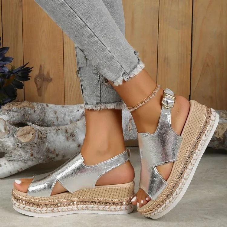 Shiny Fish Mouth Sandals with Buckle Wedges