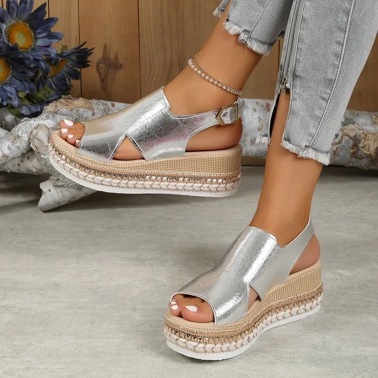 Shiny Fish Mouth Sandals with Buckle Wedges