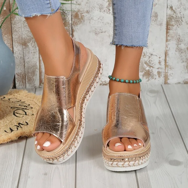 Shiny Fish Mouth Sandals with Buckle Wedges