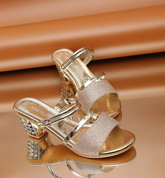 Shiny Rhinestone Strap Middle Heel Open Toe Sandals