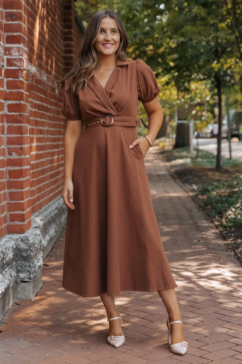 True Autumn Brown Belted Midi Dress - DOORBUSTER