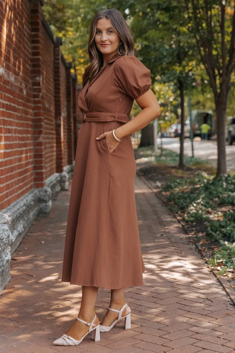 True Autumn Brown Belted Midi Dress - DOORBUSTER