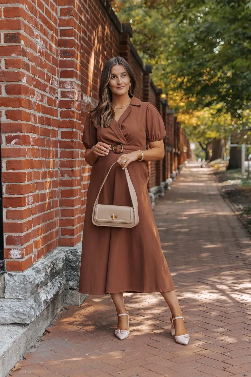 True Autumn Brown Belted Midi Dress - DOORBUSTER