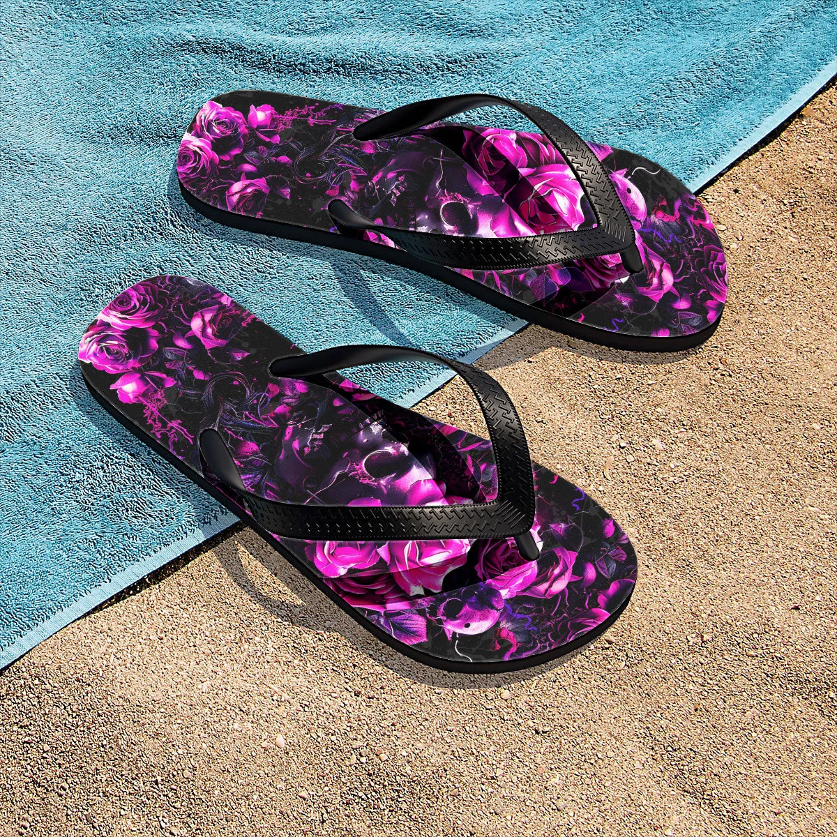 Violet Skull Rose Flip Flops for Women Beach