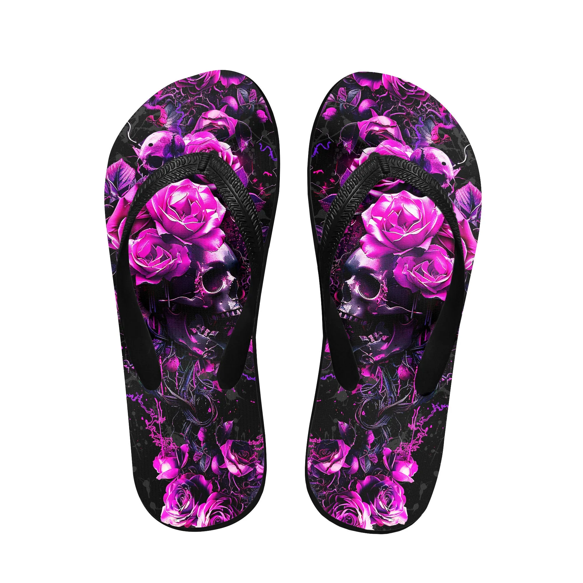 Violet Skull Rose Flip Flops for Women Beach