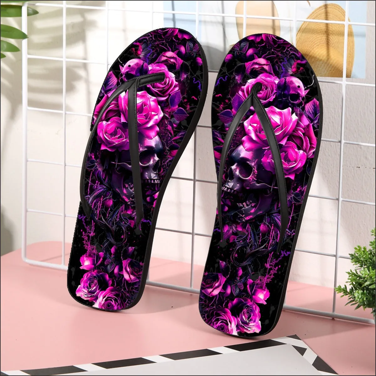 Violet Skull Rose Flip Flops for Women Beach